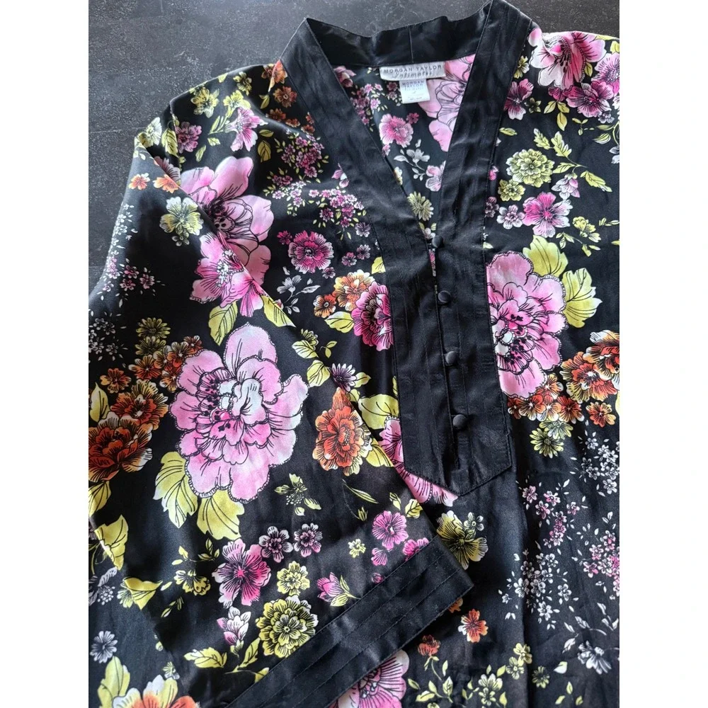 Morgan Taylor Large Silky Satin Black Floral Pajama Set PJ'S Fairy Garden Whimsy